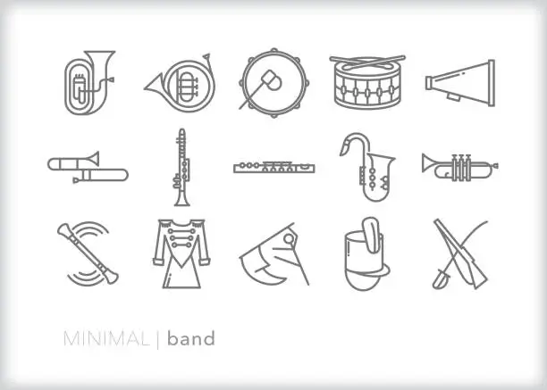 Vector illustration of School marching band line icons for musicians, drum majors and color guard members