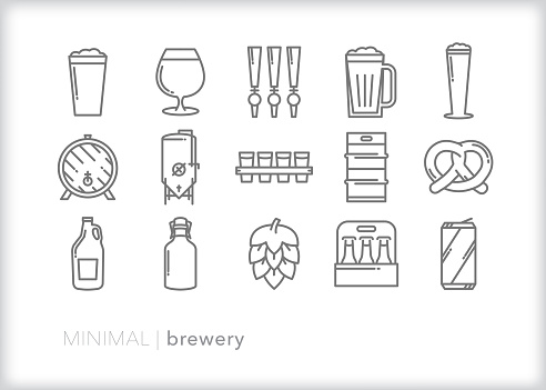 Set of 15 brewery line icons of hops, taps, pint glass, pilsner glass, tulip glass, wood barrel, brewing tanks, fermenting tanks, flight, keg, pretzel, growler, six pack and beer can