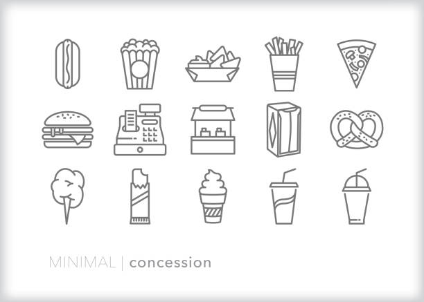 ilustrações de stock, clip art, desenhos animados e ícones de concession stand icon set for selling snacks and drinks at an event - rosquilha alemã