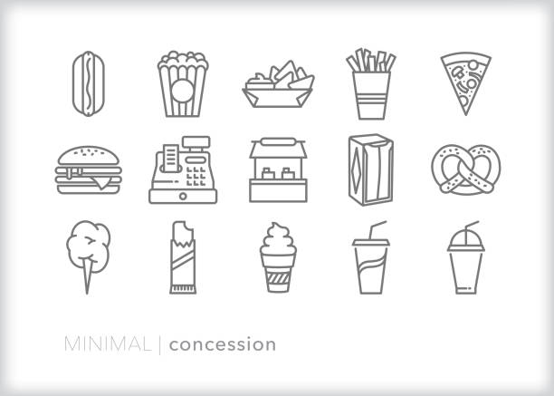 Concession stand icon set for selling snacks and drinks at an event Set of 15 school or sporting event concession stand line icon set of snacks including hot dog, popcorn, nachos, french fries, pizza, hamburger, pretzel, cotton candy, chocolate, soft drink, soda, soft serve ice cream, napkins, cash register nacho chip stock illustrations