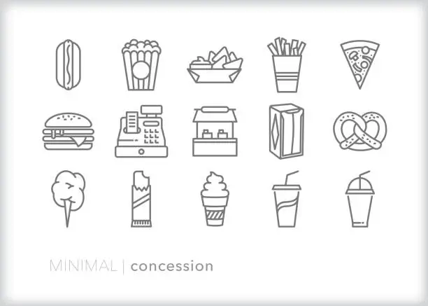 Vector illustration of Concession stand icon set for selling snacks and drinks at an event