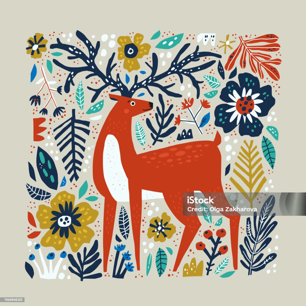 Deer vector hand drawn illustration Deer vector hand drawn illustration. Wild animal with antlers drawing in scandinavian style. Cute cartoon reindeer character poster. Multicolor leaves and flowers. Floral flat background Stag stock vector