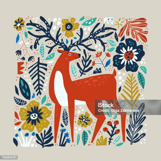 Deer Vector Hand Drawn Illustration Stock Illustration - Download Image Now - Stag, Multi Colored, Animal