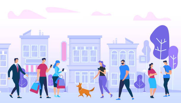 Men and Woman Walking in City. Urban Lifestyle. Men and Woman Walking, Meeting Friends, Communicating, Using Gadgets, Walk with Dogs, Talking, Relaxing on Urban Buildings Background. Active People Lifestyle in City. Cartoon Flat Vector Illustration walking backgrounds stock illustrations