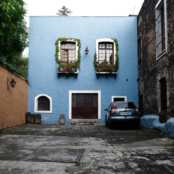Mexico City, Mexico - 2019: A traditional house in the San Angel district, displaying the typical architectonic style of this neighborhood.