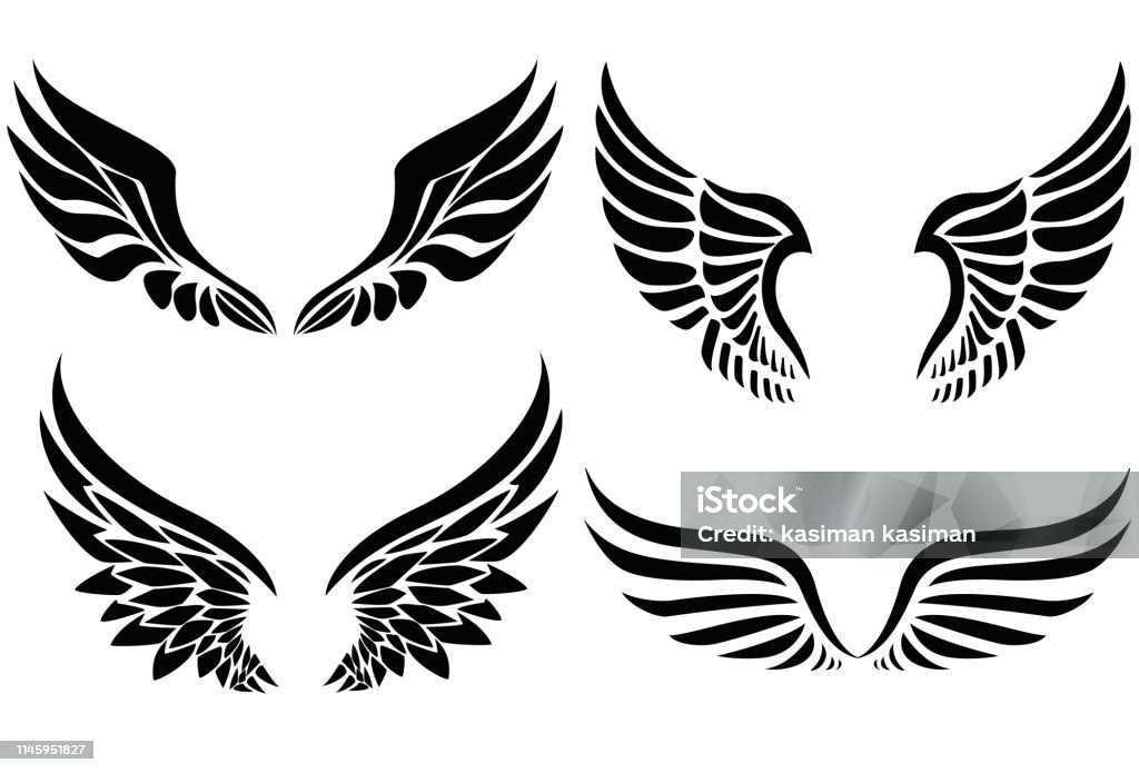 Black silhouette wings emblem collection Illustration of Black silhouette wings emblem collection Abstract stock vector