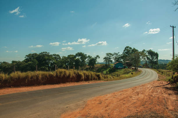 istock Countryside road on landscape covered by meadows and trees 1145952547