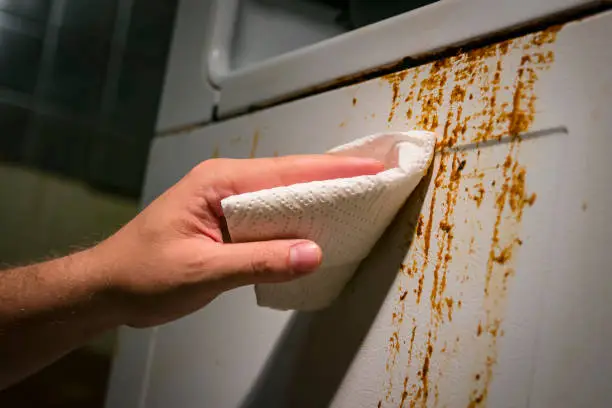 Photo of Hand cleaning baked on kitchen grime on side of oven appliance, using paper towel and cleaner.