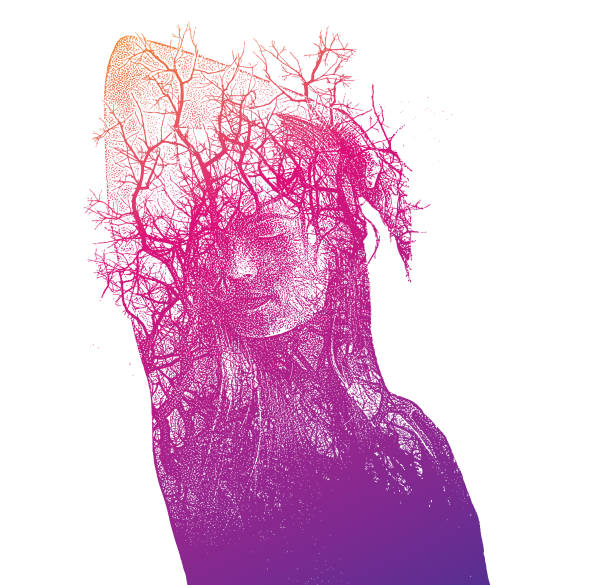 ilustraciones, imágenes clip art, dibujos animados e iconos de stock de exposición múltiple de una hermosa mujer joven y árboles - growth tree spirituality tranquil scene