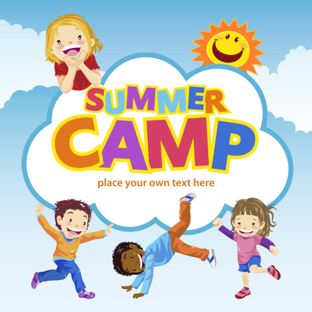 Kids Summer Camp Join the summer camp with kids somersaulting on the cloud background sign language class stock illustrations