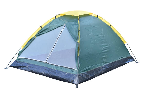 Dark green color dome tent isolated on white background.