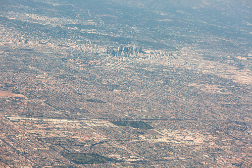 High angle satellite view of the Los Angeles Downtown and its surrounding areas