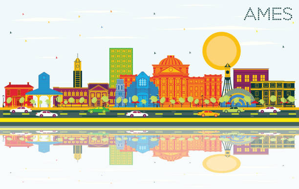 Ames Iowa City Skyline with Color Buildings, Blue Sky and Reflections. Ames Iowa City Skyline with Color Buildings, Blue Sky and Reflections. Vector Illustration. Business Travel and Tourism Illustration with Historic Architecture. Ames Cityscape with Landmarks. iowa stock illustrations