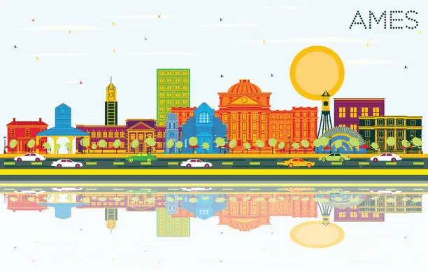 Vector illustration of Ames Iowa City Skyline with Color Buildings, Blue Sky and Reflections.