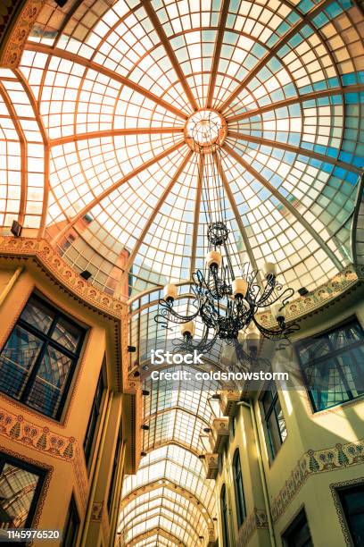 Abstract Stained Glass Ceiling And Chandelier Stock Photo - Download Image Now - Oradea, Abstract, Elegance