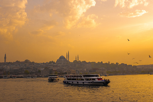 Istanbul view across the Golden Horn with the Galata Tower in the background - Stock image