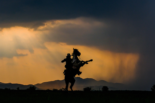 Un hombre con un traje de vaquero con su caballo photo