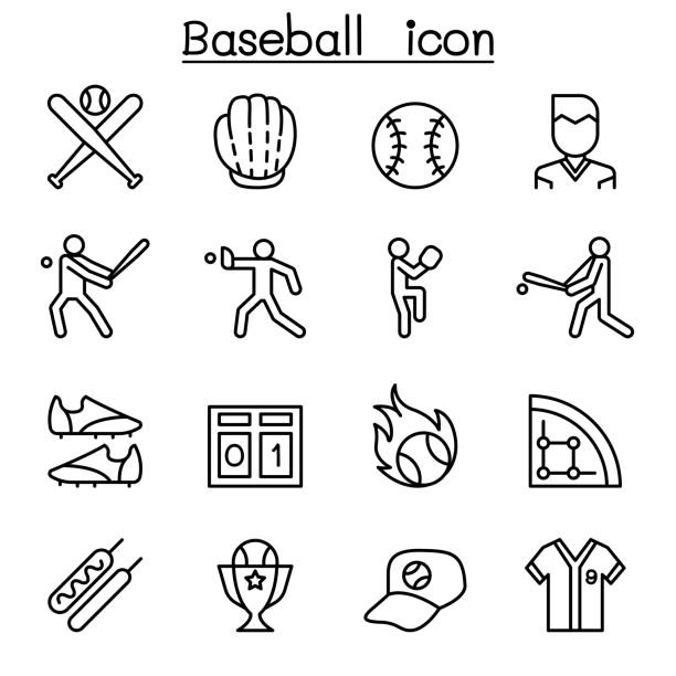 illustrations, cliparts, dessins animés et icônes de icône de baseball et de softball définie dans le style de ligne mince - scoreboard baseballs baseball sport