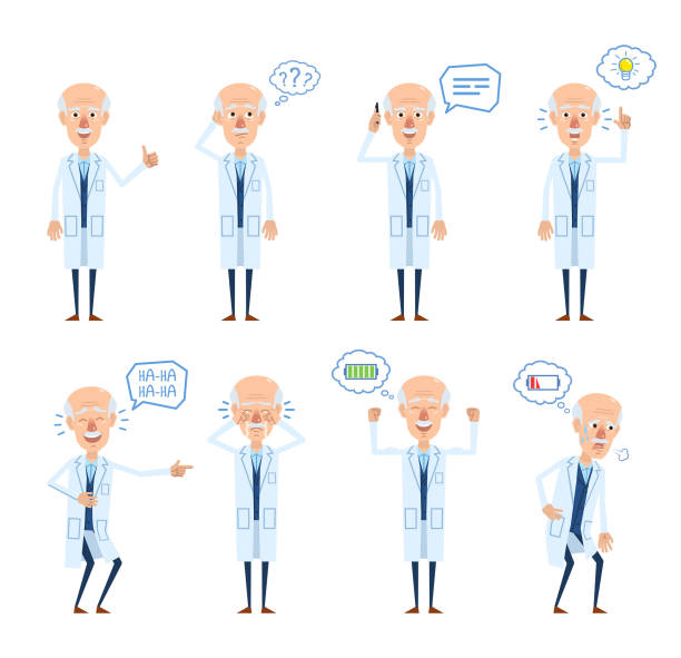 ilustrações de stock, clip art, desenhos animados e ícones de set of old professor characters posing in different situations. cheerful professor talking to phone, thinking, laughing, crying, energetic, tired, pointing up - pilha roupa velha