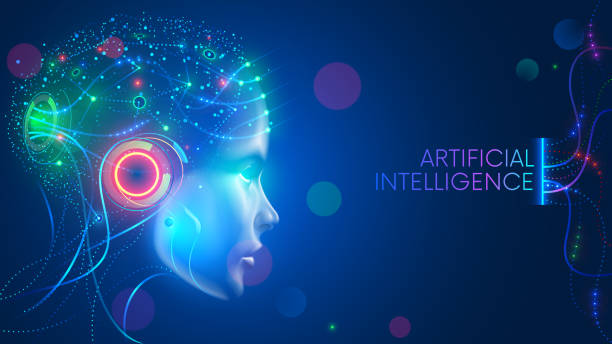 인공 지능. 신경망. 디지털 두뇌를 가진 ai가 학습 중입니다. 사이버 마인드의 얼굴. 기술 배경 개념입니다. - artificial intelligence stock illustrations