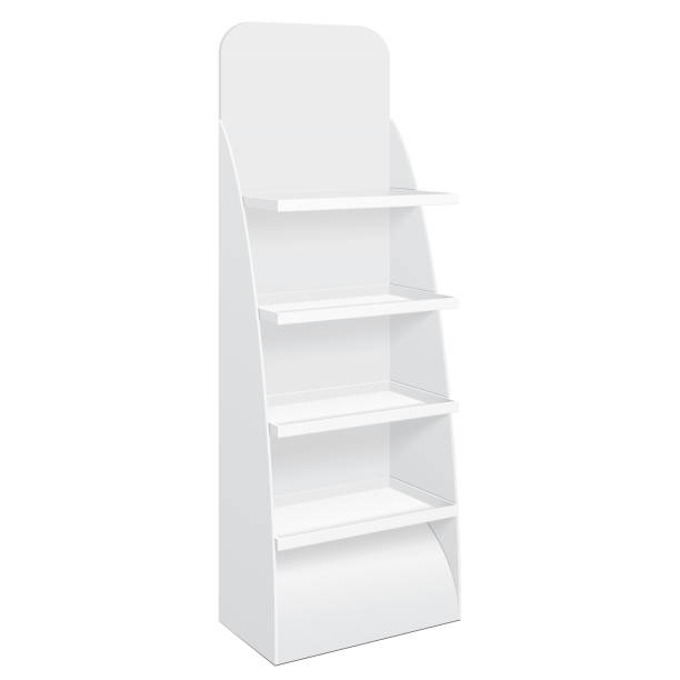 istock White Cardboard Floor Display Rack For Supermarket Blank Empty Displays With Shelves Products Mock Up. Illustration Isolated On White Background. Ready For Your Design. Product Packing. Vector EPS10 1145992598