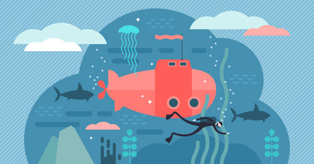 해양학 벡터 일러스트입니다. 편평한 작은 물 생활 연구 사람 개념 - underwater mine stock illustrations