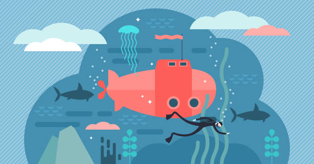 ilustrações de stock, clip art, desenhos animados e ícones de oceanography vector illustration. flat tiny water life study person concept - underwater mine