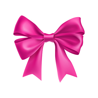 Romantic pink ribbon bow isolated on white background. Realistic decoration for holidays events. Glossy decor object from satin vector illustration. Christmas or birthday decoration element.