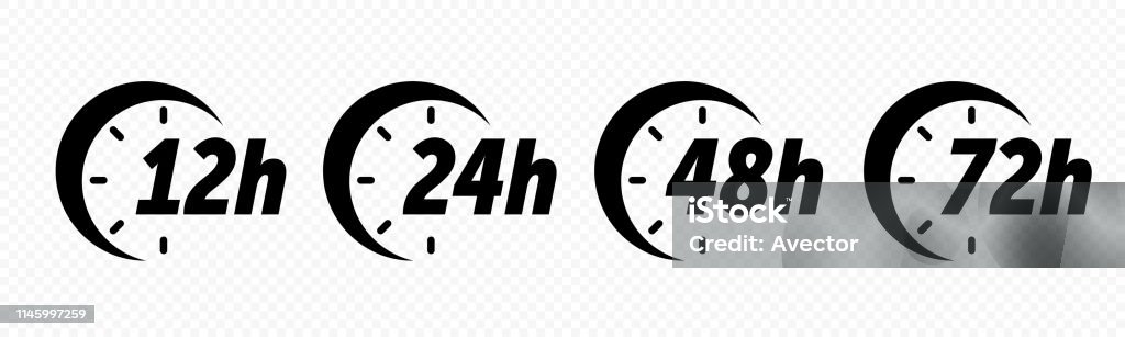 12, 24, 48 et 72 heures icônes de vecteur de flèche d’horloge. Service de livraison, l’offre en ligne reste le temps des symboles du site Web - clipart vectoriel de Temps qui passe libre de droits