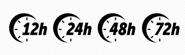 12, 24, 48 と72時間時計矢印ベクトルアイコン.配信サービス、オンライン取引の残り時間 web サイトシンボル - clock face store time sign点のイラスト素材／クリップアート素材／マンガ素材／アイコン素材