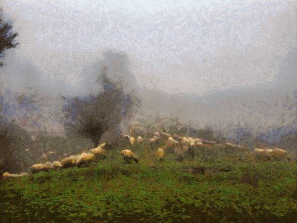 Flock of sheep grazing on the grass on high hills with the fog over the hills, oil painting on canvas