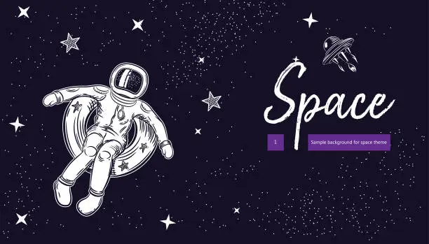 Vector illustration of Horizontal banner of space theme. The astronaut floats in space on an inflatable circle. Geometrical composition. Background for covers, flyers, banners.