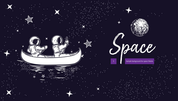Horizontal banner of space theme. Spacemen are floating on the canoe. Geometrical composition. Background for covers, flyers, banners. Horizontal banner of space theme. Geometrical composition. Background for covers, flyers, banners. astronaut backgrounds stock illustrations