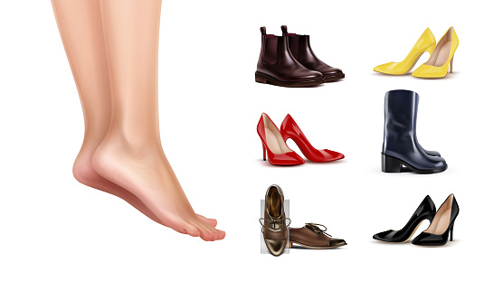 Vector illustration of female feet standing on finger toes and collection of different shoes on white background