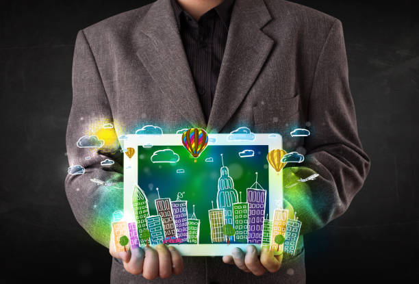 istock Young person showing tablet with hand drawn cityscape 1146006757
