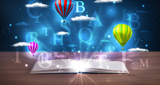 istock Open book with glowing fantasy abstract clouds and balloons 1146007024
