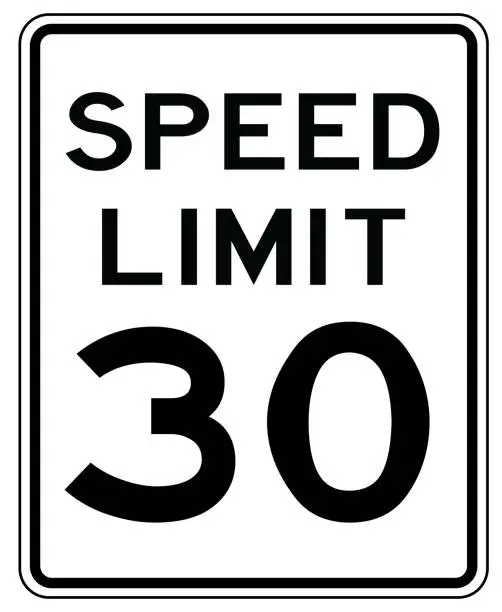 Vector illustration of American road sign in the United States of America: speed limit at 30 mp / h- speed limited to thirty miles per hours