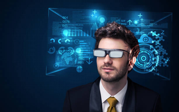 istock Young man looking with futuristic smart high tech glasses 1146010185