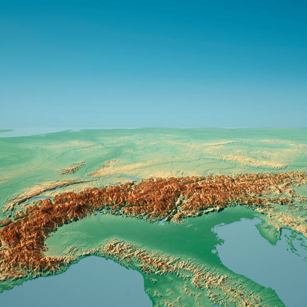 Northern Italy 3D Render Topographic Landscape View From South 3D Render of a Topographic Landscape View of Northern Italy and the Alps.
All source data is in the public domain.
Color texture: Made with Natural Earth. 
http://www.naturalearthdata.com/downloads/10m-raster-data/10m-cross-blend-hypso/
Relief texture and Rivers: SRTM data courtesy of USGS. URL of source image: 
https://e4ftl01.cr.usgs.gov//MODV6_Dal_D/SRTM/SRTMGL1.003/2000.02.11/
Water texture: SRTM Water Body SWDB:
https://dds.cr.usgs.gov/srtm/version2_1/SWBD/ trentino south tyrol stock pictures, royalty-free photos & images
