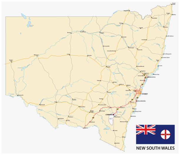 illustrazioni stock, clip art, cartoni animati e icone di tendenza di road map dello stato australiano nuova mappa del galles del sud con bandiera - new south wales