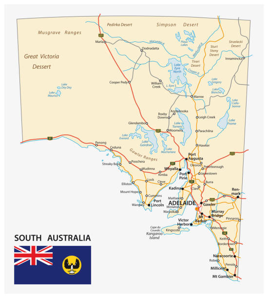 ilustrações, clipart, desenhos animados e ícones de mapa de estrada do estado austrália sul com bandeira - sul da austrália