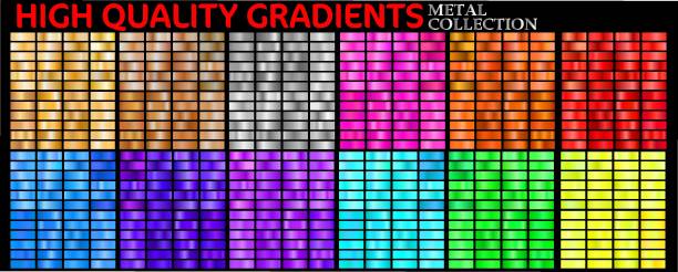 Web Vector collection of colorful gradients. Colorful metallic gradients consisting backgrounds of different glossy colors. Multicolor gradient. metallic red chrome pattern stock illustrations