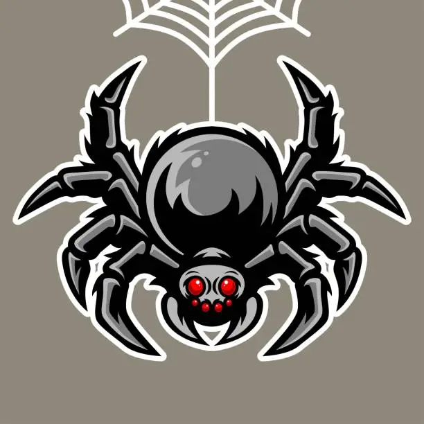 Vector illustration of Spider Mascot Hanging On The Spider Web Illustration