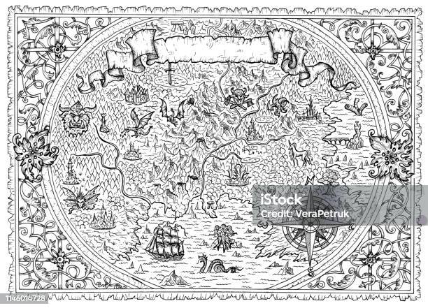 Black And White Map Of Fantasy Land With Nautical Compass Pirates Vignette Banner Stock Illustration - Download Image Now
