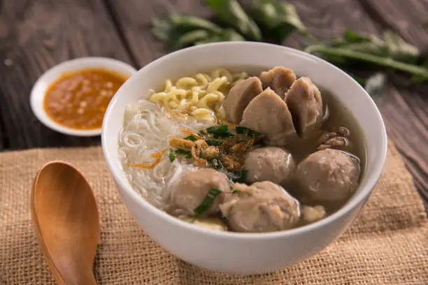bakso. indonesian meatball served with soup and noodle