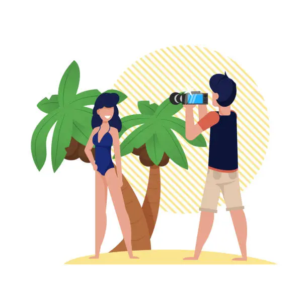 Vector illustration of Photo Session on Beach with Palm Trees, Cartoon.