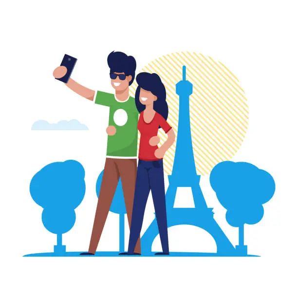 Vector illustration of Couple Makes Selfie on Background Attractions.