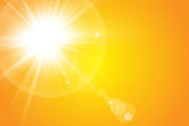 黄色の背景に暖かい太陽。leto ・ bliki 太陽光線 - ときめき点のイラスト素材／クリップアート素材／マンガ素材／アイコン素材