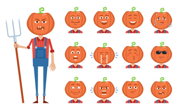 할로윈 호박 캐릭터 이모티콘. 다른 감정을 보여주는 호박 캐릭터 아바타. 행복 하 고 슬픈, 울음 소리, 웃음, 놀 리 기 및 기타 얼굴 표정 - halloween pumpkin human face laughing stock illustrations