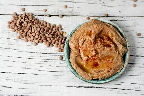 high angle view of a green ceramic plate with a homemade lentil hummus, seasoned with paprika, on a white rustic wooden table
